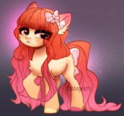 Size: 700x652 | Tagged: safe, artist:cabbage-arts, derpibooru import, oc, oc only, oc:peach tea, earth pony, pony, adoptable, bow, cheek fluff, chest fluff, ear fluff, ears, female, freckles, hair bow, looking at you, mare, solo, tail bow, unshorn fetlocks