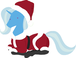 Size: 1504x1157 | Tagged: safe, artist:thehuskylord, derpibooru import, trixie, pony, unicorn, black stockings, christmas, clothes, costume, dot eyes, holiday, lying down, mane, pointy ponies, santa costume, simple, simple background, solo, tail, transparent background