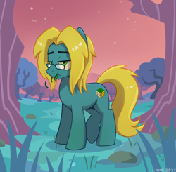 Size: 2894x2836 | Tagged: safe, artist:lummh, derpibooru import, oc, oc only, earth pony, pony, blue, bored, commission, earth pony oc, eating, eyebrows, grass, lidded eyes, male, original character do not steal, outdoors, raised hoof, raised leg, signature, sky, solo, stallion, stars, sunset, tree, yellow