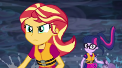 Size: 1920x1071 | Tagged: safe, derpibooru import, screencap, sci-twi, sunset shimmer, twilight sparkle, better together, equestria girls, spring breakdown, cruise outfit, semper paratus