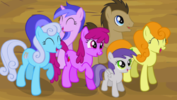 Size: 1280x720 | Tagged: safe, derpibooru import, screencap, berry punch, berryshine, carrot top, doctor whooves, golden harvest, linky, sea swirl, seafoam, shoeshine, tornado bolt, earth pony, pegasus, pony, unicorn, it's about time, background pony, female, filly, foal, laughing, male, mare, stallion