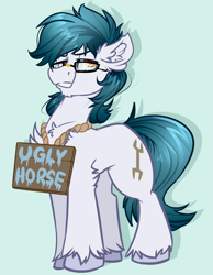 Size: 3100x4000 | Tagged: safe, artist:witchtaunter, derpibooru import, oc, earth pony, pony, chest fluff, commission, ear fluff, ears, glasses, male, rope, sign, simple background, smiling, smirk, solo, ugly