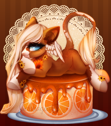 Size: 800x905 | Tagged: safe, artist:cabbage-arts, derpibooru import, oc, oc only, original species, pony, cake, commission, commissioner:lild12702, female, flower, food, leonine tail, lying down, mare, orange, prone, smiling, solo, tail, ych result