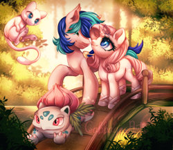 Size: 900x782 | Tagged: safe, artist:cabbage-arts, derpibooru import, oc, oc only, earth pony, pony, unicorn, bridge, bulbasaur, commission, commissioner:ziggyrocks6600, crossover, earth pony oc, eyes closed, female, forest, horn, looking at someone, male, mare, mew, mythical pokémon, pokémon, river, smiling, smiling at each other, stallion, unicorn oc, water