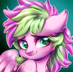 Size: 500x498 | Tagged: safe, artist:cabbage-arts, derpibooru import, oc, oc only, oc:painted smiles, pegasus, pony, bust, commission, commissioner:eillahwolf, female, gradient background, looking at you, mare, smiling, smiling at you, solo, two toned mane, white outline