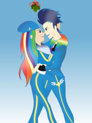 Size: 1280x1707 | Tagged: safe, artist:celestia2590, derpibooru import, rainbow dash, soarin', human, female, holly, holly mistaken for mistletoe, humanized, imminent kissing, male, shipping, soarindash, straight