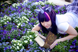 Size: 1404x936 | Tagged: safe, artist:twinklebatcosplay, derpibooru import, twilight sparkle, human, book, clothes, cosplay, costume, flower, irl, irl human, photo, reading