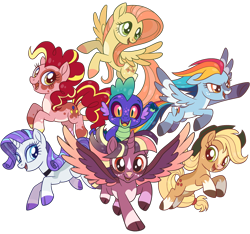 Size: 1024x957 | Tagged: safe, artist:joburii, derpibooru import, applejack, fluttershy, pinkie pie, rainbow dash, rarity, spike, twilight sparkle, twilight sparkle (alicorn), alicorn, pony, alternate design, mane seven, mane six, simple background, transparent background