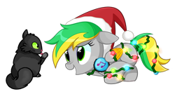 Size: 1618x868 | Tagged: safe, artist:khimi-chan, derpibooru import, oc, oc only, cat, pegasus, pony, christmas, colored wings, duo, eyelashes, female, hat, headphones, holiday, mare, oc name needed, pegasus oc, santa hat, simple background, transparent background, two toned wings, wings, wrapped up