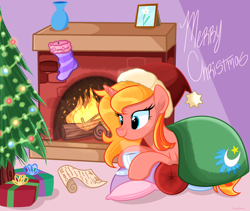 Size: 2648x2237 | Tagged: safe, artist:khimi-chan, derpibooru import, oc, oc only, pony, unicorn, christmas, christmas stocking, christmas tree, cup, eyelashes, female, fireplace, hat, holiday, horn, indoors, mare, merry christmas, present, santa hat, smiling, tree, unicorn oc