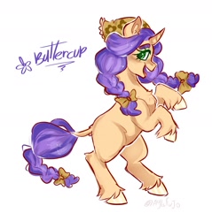 Size: 1600x1672 | Tagged: safe, artist:aylufujo, derpibooru import, oc, oc only, oc:buttercup, pony, unicorn, bow, braid, eyelashes, female, hair bow, horn, magical lesbian spawn, mare, offspring, parent:applejack, parent:rarity, parents:rarijack, rearing, simple background, smiling, tail, tail bow, unicorn oc, unshorn fetlocks, white background