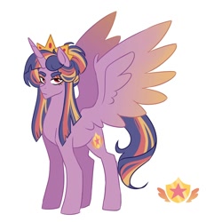 Size: 2000x2000 | Tagged: safe, artist:aylufujo, derpibooru import, oc, oc only, alicorn, pony, alicorn oc, crown, frown, horn, jewelry, magical lesbian spawn, male, offspring, parent:sunset shimmer, parent:twilight sparkle, parents:sunsetsparkle, regalia, simple background, solo, stallion, white background, wings