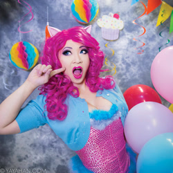 Size: 900x900 | Tagged: safe, artist:yayacosplay, derpibooru import, pinkie pie, human, 2015, balloon, clothes, cosplay, costume, irl, irl human, open mouth, photo, watermark