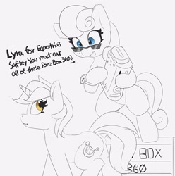 Size: 2798x2819 | Tagged: safe, artist:pabbley, derpibooru import, bon bon, lyra heartstrings, sweetie drops, earth pony, pony, unicorn, bipedal, dialogue, duo, female, grayscale, mare, misspelling, monochrome, neo noir, partial color, simple background, sunglasses, this will end in pain, this will not end well, watch, white background, wristwatch, xbox 360