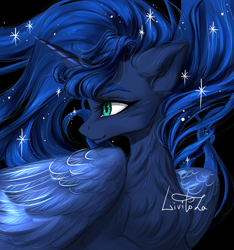 Size: 3000x3200 | Tagged: safe, artist:livitoza, derpibooru import, princess luna, alicorn, pony, beautiful, black background, chest fluff, ethereal mane, female, high res, looking to side, looking to the left, mare, profile, simple background, solo, starry mane
