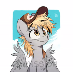 Size: 2480x2454 | Tagged: safe, artist:fanzeem, derpibooru import, derpy hooves, pegasus, pony, bust, cap, chest fluff, commission, eye clipping through hair, eyebrows, eyebrows visible through hair, female, hat, mare, misspelling, obtrusive watermark, solo, watermark, wing fluff, wings