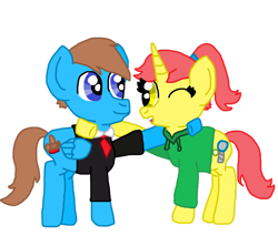 Size: 1280x1136 | Tagged: safe, artist:nightshadowmlp, derpibooru import, oc, oc only, oc:court case, oc:game point, pegasus, unicorn, 2022 community collab, clothes, derpibooru community collaboration, duo, family, father and child, father and daughter, female, firealpaca, hoodie, hoof on shoulder, horn, male, mare, one eye closed, open mouth, parent and child, pegasus oc, simple background, smiling, stallion, suit, transparent background, unicorn oc