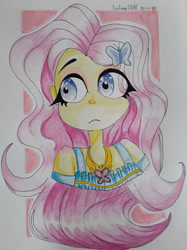 Size: 1280x1707 | Tagged: safe, artist:hetzielart, derpibooru import, fluttershy, equestria girls, bare shoulder portrait, bare shoulders, bust, eye clipping through hair, portrait, solo, traditional art