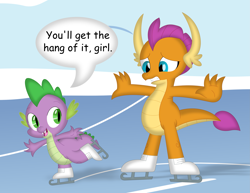 Size: 3507x2705 | Tagged: safe, artist:porygon2z, derpibooru import, smolder, spike, dragon, duo, female, ice skating, male, open mouth, speech bubble