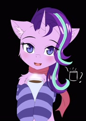 Size: 2500x3500 | Tagged: safe, artist:lunar froxy, derpibooru import, starlight glimmer, unicorn, black background, blushing, clothes, coffee, eyebrows, eyebrows visible through hair, female, looking at you, mare, simple background, socks, solo, striped socks