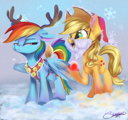 Size: 1280x1200 | Tagged: safe, artist:sketchiix3, derpibooru import, applejack, rainbow dash, earth pony, pegasus, pony, animal costume, antlers, christmas, costume, fake beard, fake horn, fake tail, harness, hat, holiday, jingle bells, open mouth, rainbow dash is not amused, reindeer antlers, reindeer costume, reindeer dash, rudolph the red nosed reindeer, santa hat, snow, tack, unamused