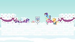 Size: 1366x768 | Tagged: safe, artist:agrol, derpibooru import, applejack, fluttershy, pinkie pie, rainbow dash, rarity, starlight glimmer, earth pony, pegasus, pony, unicorn, hat, snow, snow castle, snowball, youtube, youtube link