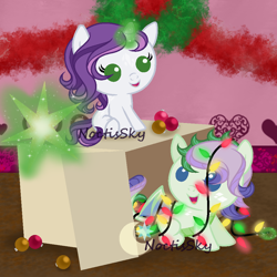 Size: 1000x1000 | Tagged: safe, artist:ashakalovsky, artist:noctissky, derpibooru import, oc, oc:lacetail, oc:sharpclaw, dracony, hybrid, baby, base used, box, christmas, christmas lights, colt, female, filly, foal, happy, holiday, interspecies offspring, male, offspring, ornaments, parent:rarity, parent:spike, parents:sparity, siblings, watermark