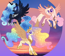 Size: 3000x2588 | Tagged: safe, artist:cactiflowers, derpibooru import, princess cadance, princess celestia, princess luna, alicorn, pony, abstract background, alternate design, flying, lidded eyes, looking at you, open mouth, smiling, spread wings, wings