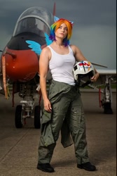 Size: 903x1350 | Tagged: safe, derpibooru import, rainbow dash, human, bare shoulders, breasts, clothes, cosplay, costume, female, helmet, irl, irl human, jet, multicolored hair, photo, rainbow hair, sleeveless, solo, standing, tanktop