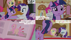 Size: 1280x720 | Tagged: safe, derpibooru import, edit, edited screencap, editor:quoterific, screencap, fluttershy, pinkie pie, rarity, twilight sparkle, unicorn twilight, earth pony, pegasus, pony, unicorn, ponyville confidential, season 2, arrow, butt, female, flutterbutt, magic, mare, offscreen character, open mouth, sugarcube corner, telekinesis