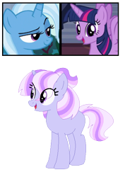 Size: 438x620 | Tagged: safe, artist:tragedy-kaz, derpibooru import, trixie, twilight sparkle, twilight sparkle (alicorn), oc, alicorn, pony, unicorn, base used, eyelashes, female, horn, magical lesbian spawn, mare, offspring, parent:trixie, parent:twilight sparkle, parents:twixie, screencap reference, simple background, smiling, transparent background, unicorn oc