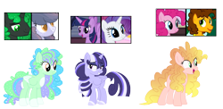 Size: 1500x733 | Tagged: safe, artist:tragedy-kaz, derpibooru import, cheese sandwich, pinkie pie, rarity, twilight sparkle, twilight sparkle (alicorn), oc, alicorn, earth pony, pony, unicorn, base used, eyelashes, female, magical lesbian spawn, male, mare, offspring, parent:cheese sandwich, parent:pinkie pie, parent:rarity, parent:twilight sparkle, parents:cheesepie, parents:oc x oc, parents:rarilight, screencap reference, simple background, smiling, stallion, transparent background