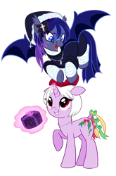 Size: 1616x2452 | Tagged: safe, artist:khimi-chan, derpibooru import, oc, oc only, bat pony, pony, unicorn, bat pony oc, bat wigns, christmas, clothes, eyelashes, female, flying, grin, hat, holiday, holly, horn, looking down, magic, mare, nun, present, santa hat, simple background, smiling, spread wings, telekinesis, transparent background, unicorn oc, wings