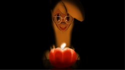 Size: 2649x1491 | Tagged: safe, artist:hitsuji, derpibooru import, paprika paca, alpaca, them's fightin' herds, bo burnham, candle, clothes, community related, dark background, glasses, reflection, screenshot redraw, solo, sweater