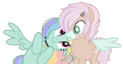 Size: 1306x683 | Tagged: safe, artist:necrophilifox, derpibooru import, oc, oc only, pegasus, pony, base used, choker, duo, eyelashes, female, frown, imma snuggle you, mare, multicolored hair, pegasus oc, rainbow hair, simple background, smiling, spread wings, transparent background, wings