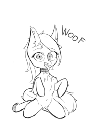 Size: 1750x2500 | Tagged: safe, artist:henko, derpibooru import, oc, pony, behaving like a dog, collar, drool, monochrome, solo, tongue, tongue out