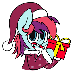Size: 2405x2386 | Tagged: safe, artist:derpyalex2, derpibooru import, oc, oc only, oc:taffy swirl, earth pony, pony, candy, candy cane, christmas, clothes, food, hat, holiday, present, santa hat, simple background, solo, transparent background