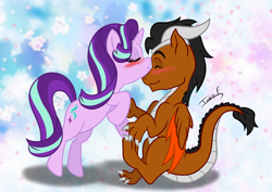 Size: 3508x2481 | Tagged: safe, artist:memprices, derpibooru import, starlight glimmer, oc, oc:draco k-night blaze, dracony, dragon, hybrid, blushing, cute, cutie mark, high res, kissing, original character do not steal, request, requested art, smooching, vector