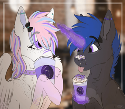 Size: 960x841 | Tagged: safe, artist:galaxylatte, derpibooru import, oc, oc:galaxylatte, pegasus, unicorn, :p, bow, chest fluff, coffee, coffee cup, coffee mug, collar, couple, cup, date, date night, drinking, ear piercing, female, freckles, industrial piercing, lesbian, love, magic, magical lesbian spawn, mug, offspring, piercing, tongue, tongue out