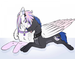 Size: 960x762 | Tagged: safe, artist:galaxylatte, derpibooru import, oc, oc:galaxylatte, pony, unicorn, bone, coffee, collar, couple, cuddling, cutie mark, female, hug, hugging a pony, lesbian, love, lying down, nuzzling, prone, tongue, tongue out, winghug, wings