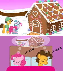 Size: 1280x1451 | Tagged: safe, artist:mlplary6, derpibooru import, cheese sandwich, pinkie pie, earth pony, pony, cheesepie, christmas, female, gingerbread house, holiday, male, shipping, sleeping, straight