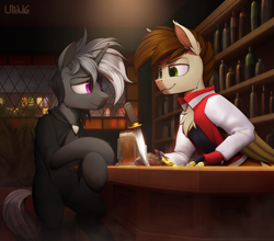 Size: 2843x2500 | Tagged: safe, artist:uliovka, derpibooru import, oc, oc only, oc:dark, oc:swango, hippogriff, pony, unicorn, alcohol, bar, beer, building, clothes, commission, knife, looking at each other, looking at someone, male, scenery, smiling, stallion, window
