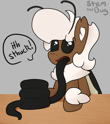 Size: 1083x1225 | Tagged: safe, artist:stemthebug, derpibooru import, oc, oc only, oc:stem bedstraw, hybrid, insect, moth, mothpony, original species, pony, cartoon physics, eating, food, pancakes, solo, stuck, tongue, tongue out