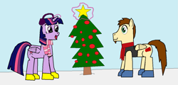 Size: 1181x566 | Tagged: safe, artist:red-brick-1, derpibooru import, twilight sparkle, twilight sparkle (alicorn), oc, alicorn, 1000 hours in ms paint, boots, christmas, christmas tree, clothes, duo, earmuffs, holiday, scarf, shoes, snow, striped scarf, tree