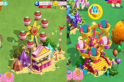 Size: 1806x1200 | Tagged: safe, derpibooru import, edit, edited screencap, screencap, donut joe, hayseed turnip truck, princess cadance, queen chrysalis, alicorn, changeling, pony, unicorn, armor, balloon, battle armor, bits, bush, clothes, colored wings, crown, ferris wheel, fireworks, flag, gameloft, golden eyes, gradient wings, hat, jewelry, regalia, sale, sapphire, shoes, sunglasses, sweet apple acres, throne, tree, walking, wings