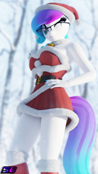 Size: 2160x3840 | Tagged: safe, artist:shadowboltsfm, derpibooru import, oc, oc:aurora starling, anthro, plantigrade anthro, 3d, 4k, blender, christmas, clothes, costume, cute, eyelashes, female, glasses, hand on hip, hat, holiday, looking at you, not sfm, one eye closed, santa costume, santa dress, santa hat, smiling, solo, wink