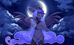 Size: 2153x1302 | Tagged: safe, artist:kitten-in-the-jar, derpibooru import, princess luna, alicorn, semi-anthro, clothes, crescent moon, crying, ear fluff, ears, eyes closed, female, floppy ears, jewelry, moon, night, regalia, see-through, solo, spread wings, stupid sexy princess luna, veil, wings
