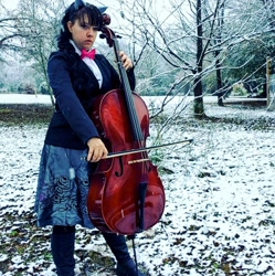 Size: 1080x1084 | Tagged: safe, derpibooru import, octavia melody, human, bowtie, cello, clothes, cosplay, costume, irl, irl human, musical instrument, photo, snow