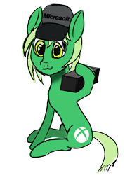 Size: 1800x2530 | Tagged: safe, artist:tazool, derpibooru import, oc, oc only, oc:natal, earth pony, pony, 2022 community collab, derpibooru community collaboration, female, hat, microsoft, simple background, sitting, solo, transparent background, xbox