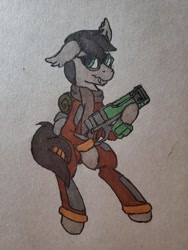 Size: 1209x1612 | Tagged: safe, artist:rustlerustle, derpibooru import, oc, oc:cornerstone, bat pony, pony, fallout equestria, clothes, glasses, laser rifle, scarf, scribe, solo, traditional art